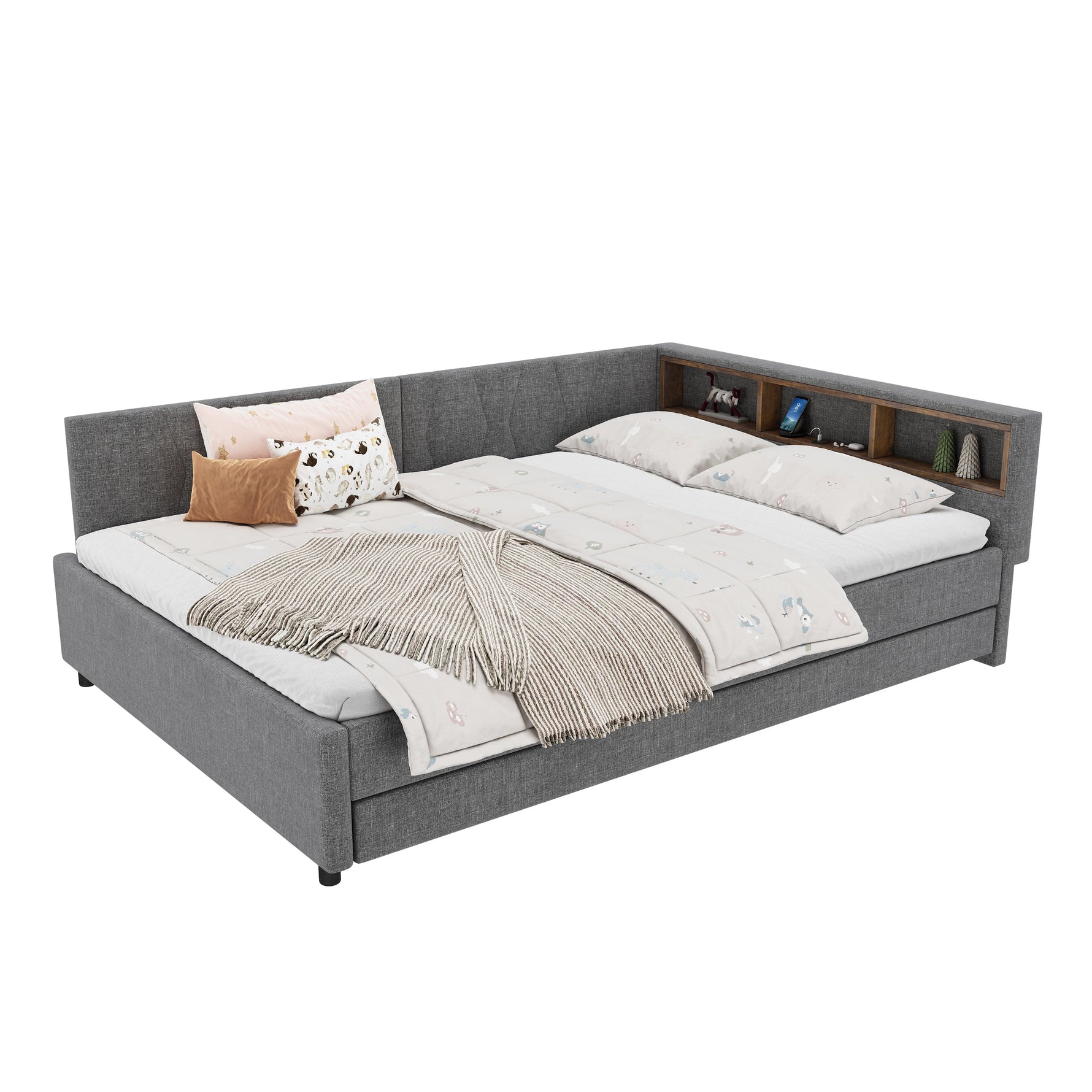 Daybed 140x200cm with Pull-out Bed, Storage, USB and LED, Grey Linen