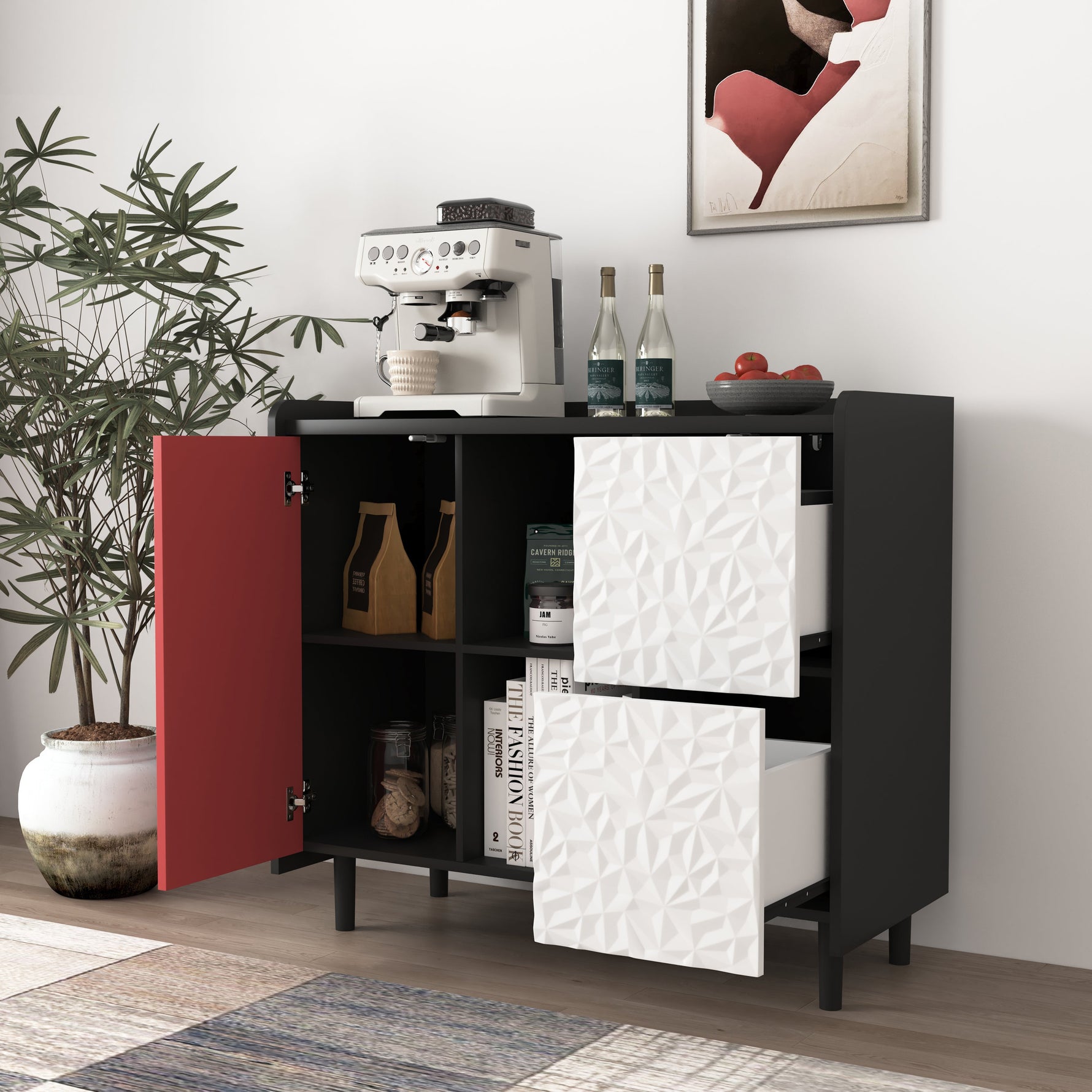 Sideboard Buffet Cabinet with 2 Drawers & Open Storage - Black/Red