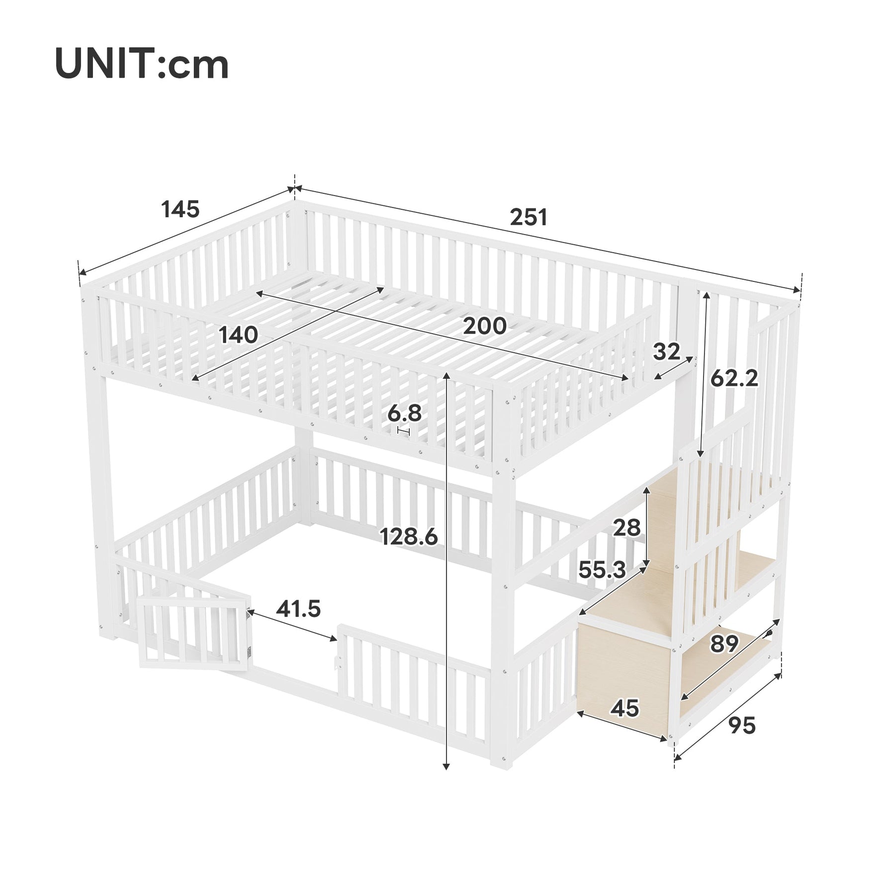 Bunk Bed with Storage Ladder and LED, 140x200cm, White