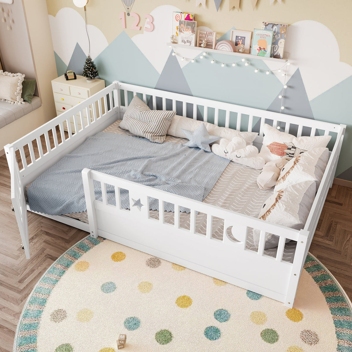 Panel Bed 140x190cm Children's with Railing Star & Moon Decoration - White