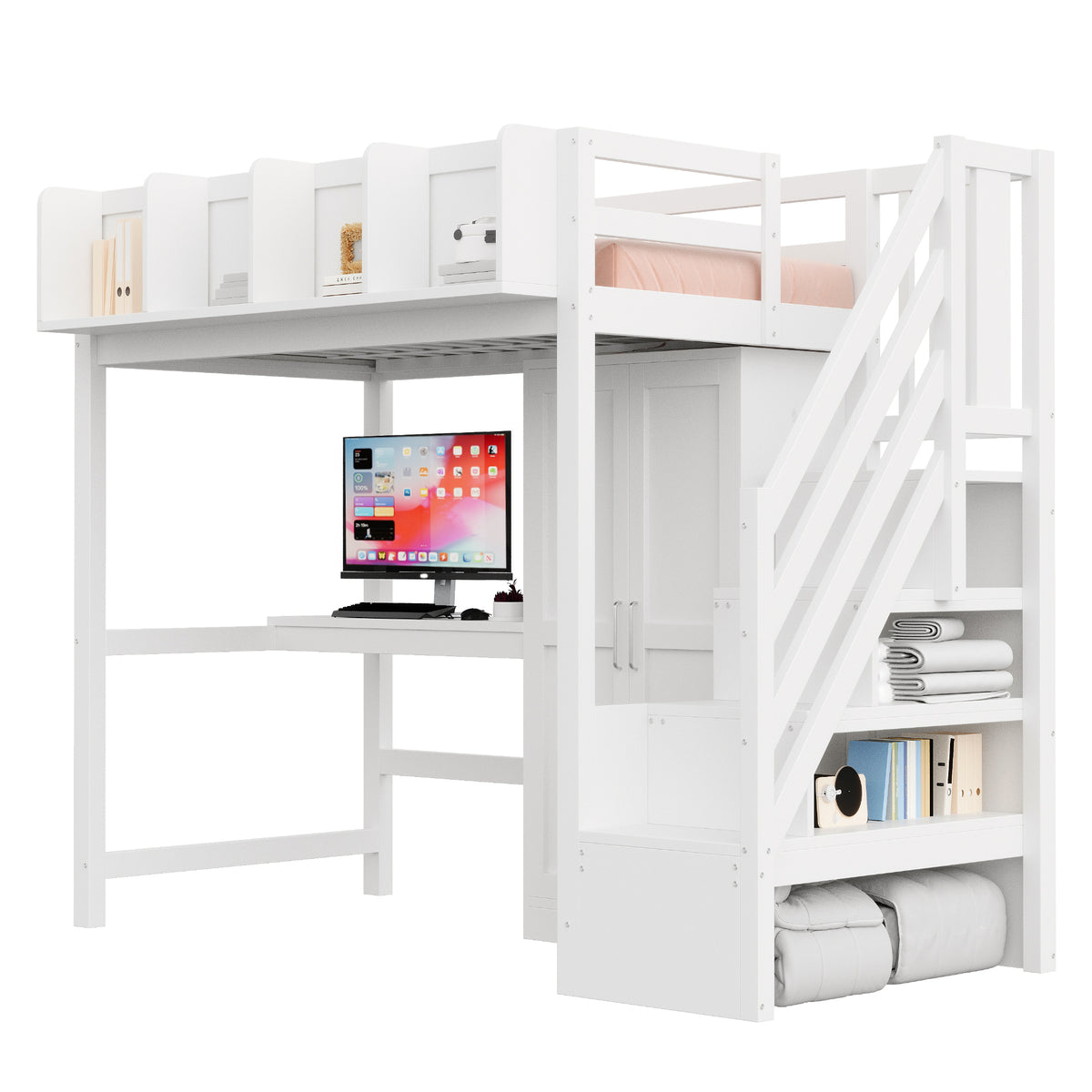 Multifunctional Loft Bed 90x200cm with Desk & Wardrobe, White