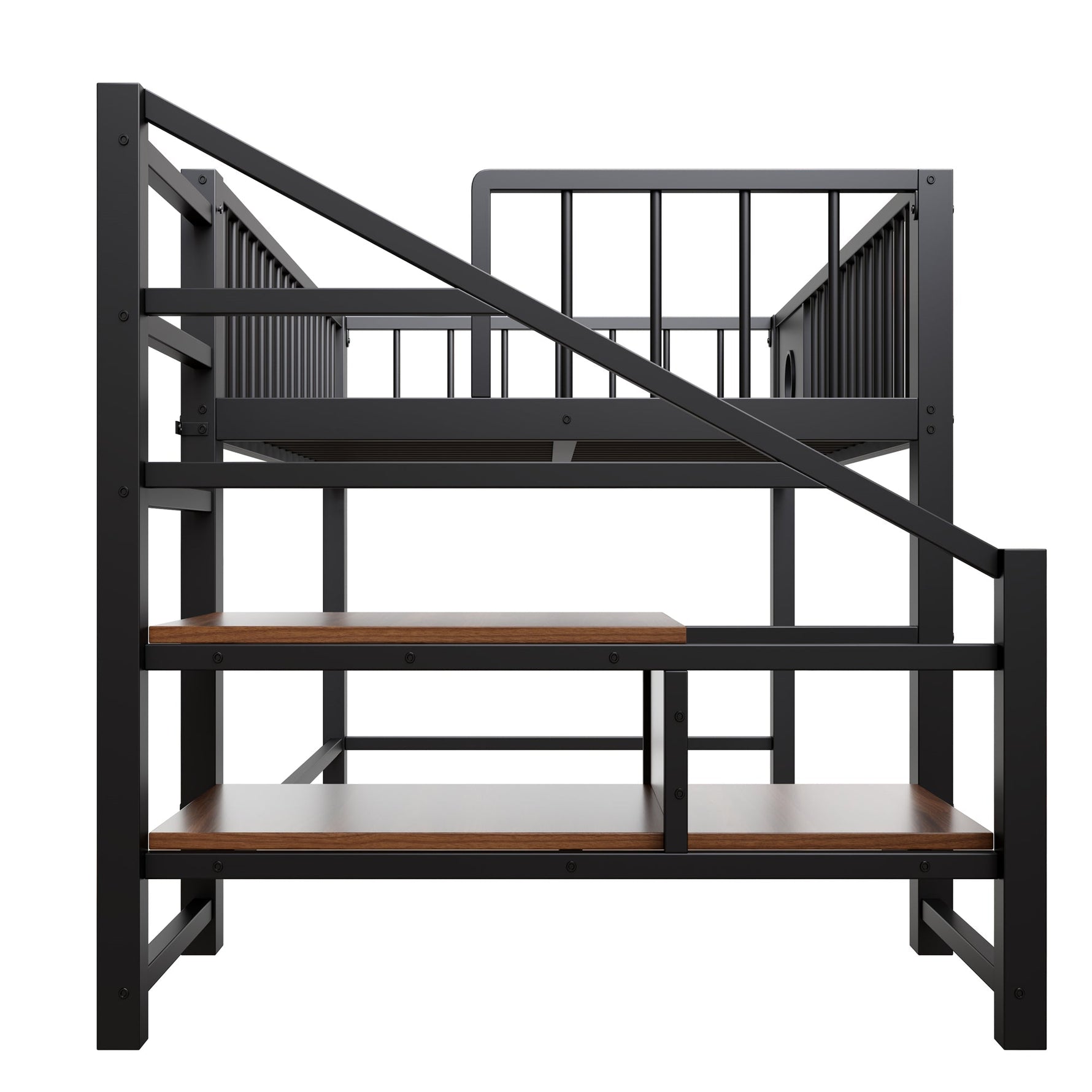 Low Loft Bed with Storage Ladder and Metal Frame, 90x200cm, Black Metal
