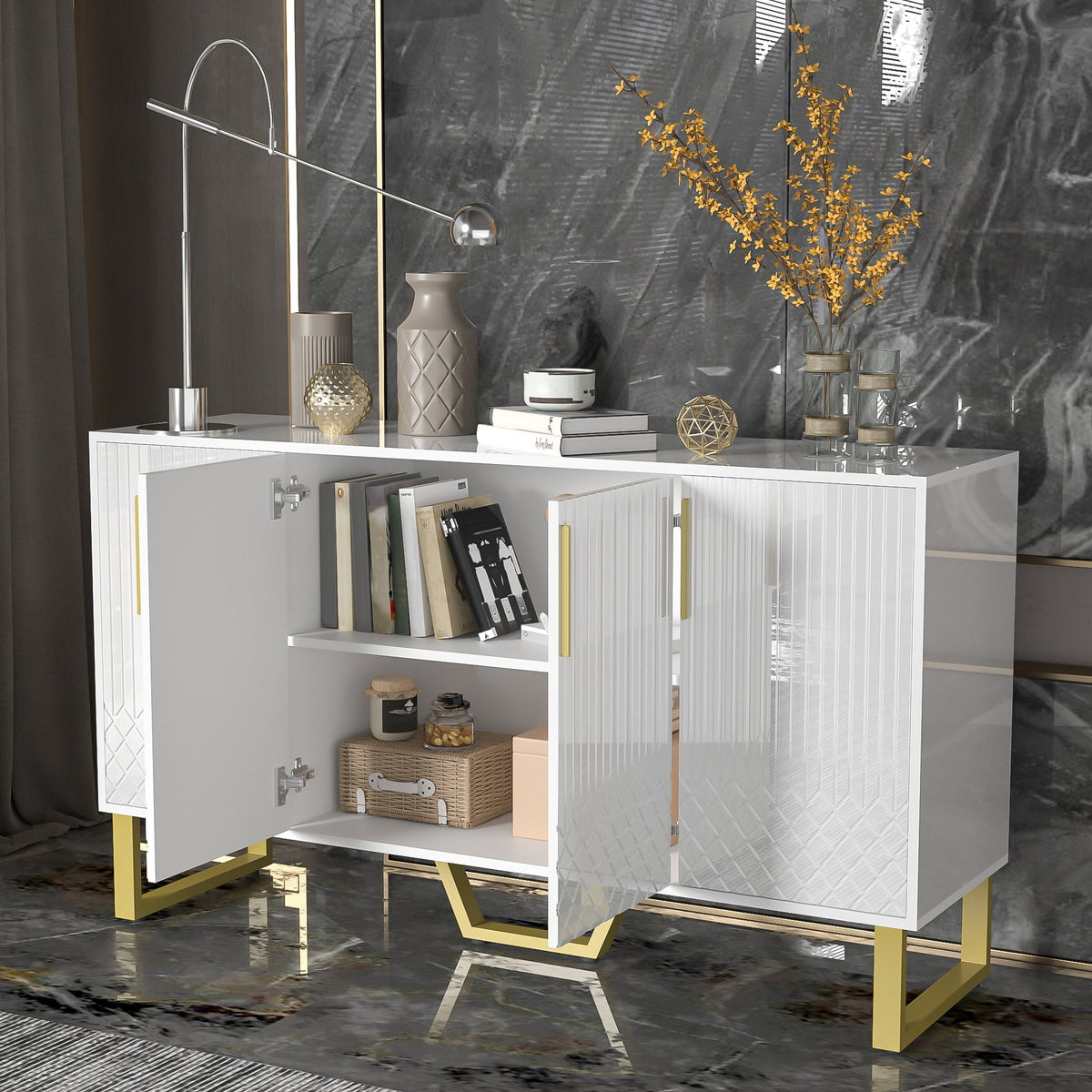 High-gloss Sideboard, 4 Doors, Metal Handles & Legs, White