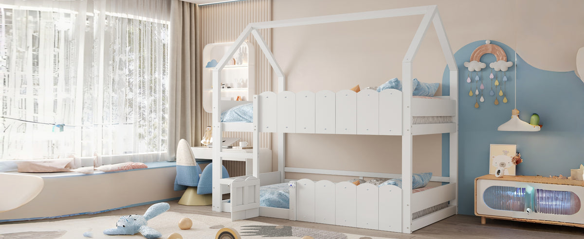 Children's Bunk Bed 90x200cm House Design with Safety Rails - White