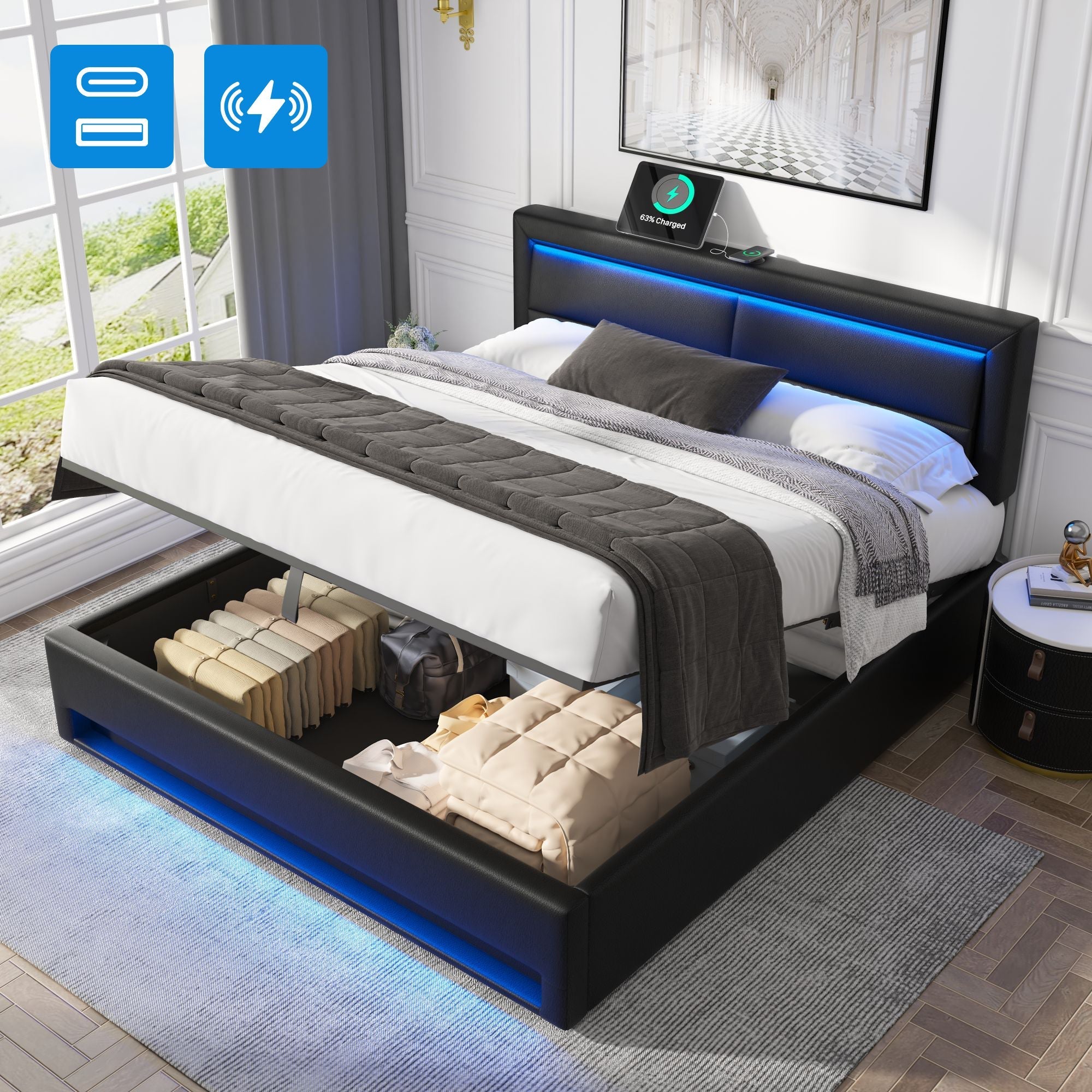 Upholstered Bed with USB, LED and Storage, 160x200cm, Black PU Lychee Pattern
