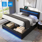 Upholstered Bed with USB, LED and Storage, 160x200cm, Black PU Lychee Pattern