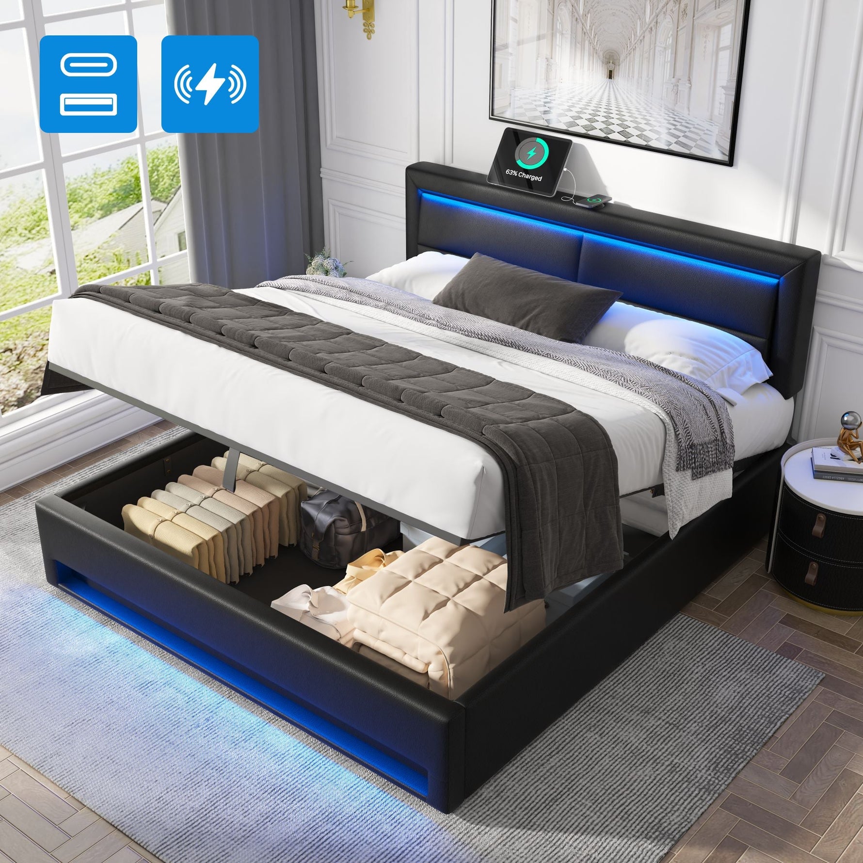 Upholstered Bed with USB, LED and Storage, 160x200cm, Black PU Lychee Pattern
