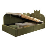 Upholstered Daybed with Hydraulic Storage and L-Shaped Crown-Lattice Design, 90x200cm, Green Velvet