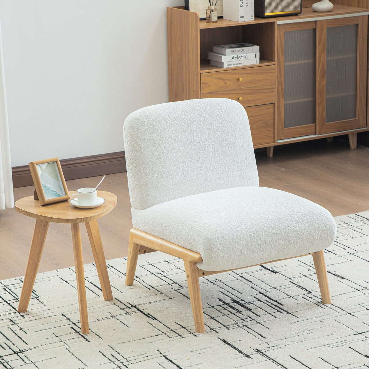 Scandinavian Lounge Chair with Wooden Frame and Soft Chenille Fabric, Ivory