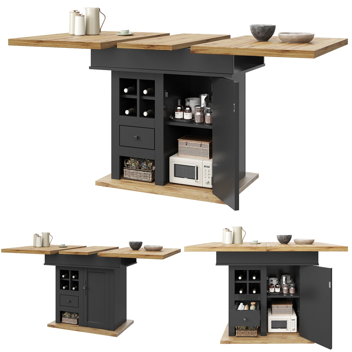 Extendable Telescopic Dining Table with Wine Rack and Drawers, MDF and Metal