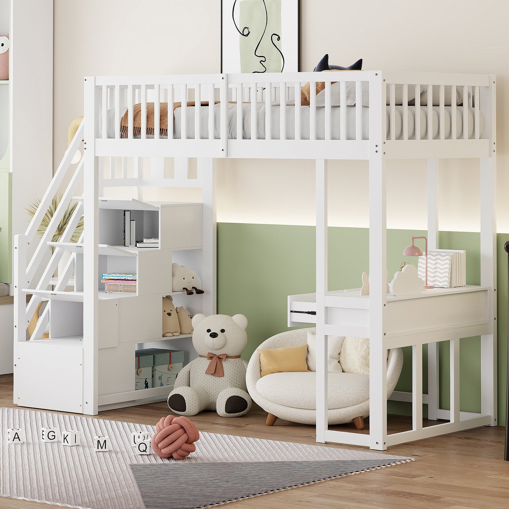 Loft Bed 90x200 Multifunctional Table Storage Stairs Pine Wood White