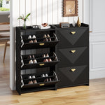 Shoe Cabinet with 6 Drop-Down Doors and Adjustable Width, Two-Piece Set, Black MDF