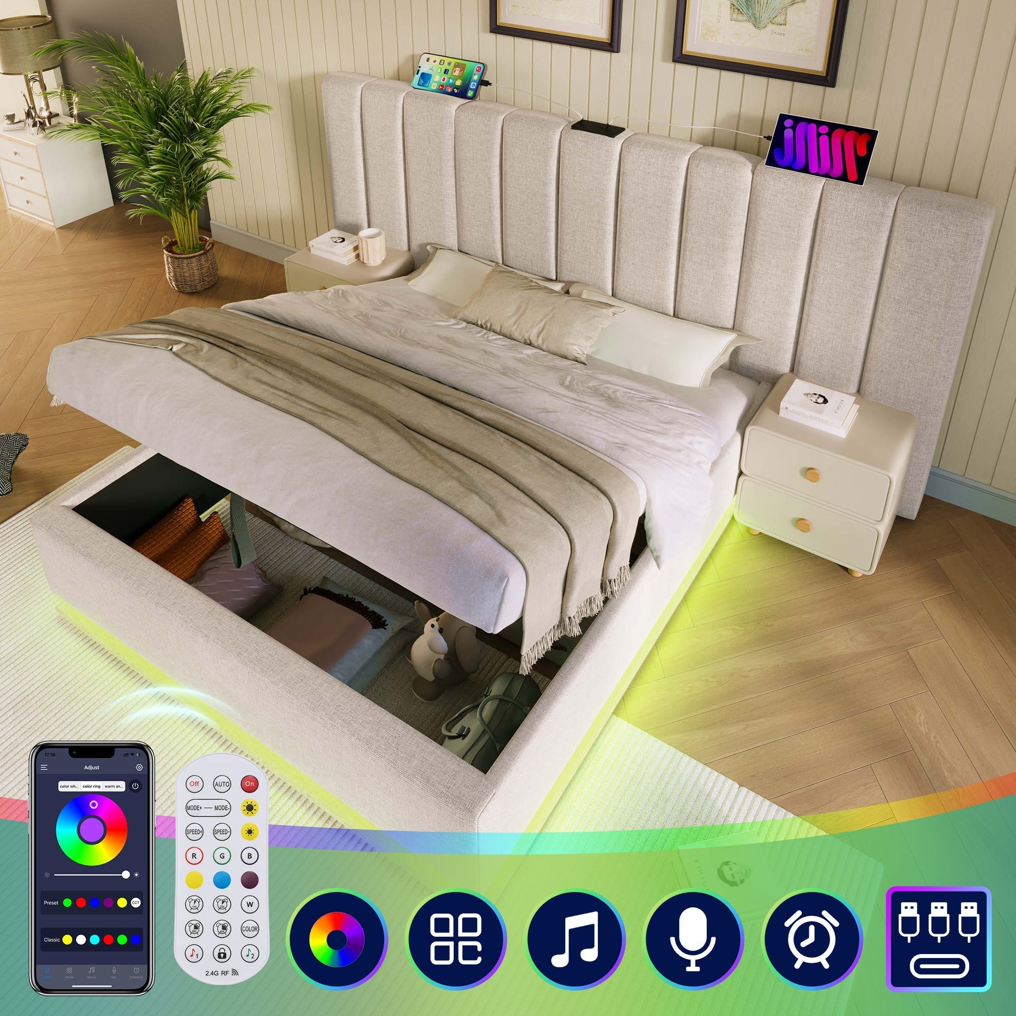 Upholstered Bed 160x200 Storage LED USB-C Slatted Base, Linen Beige