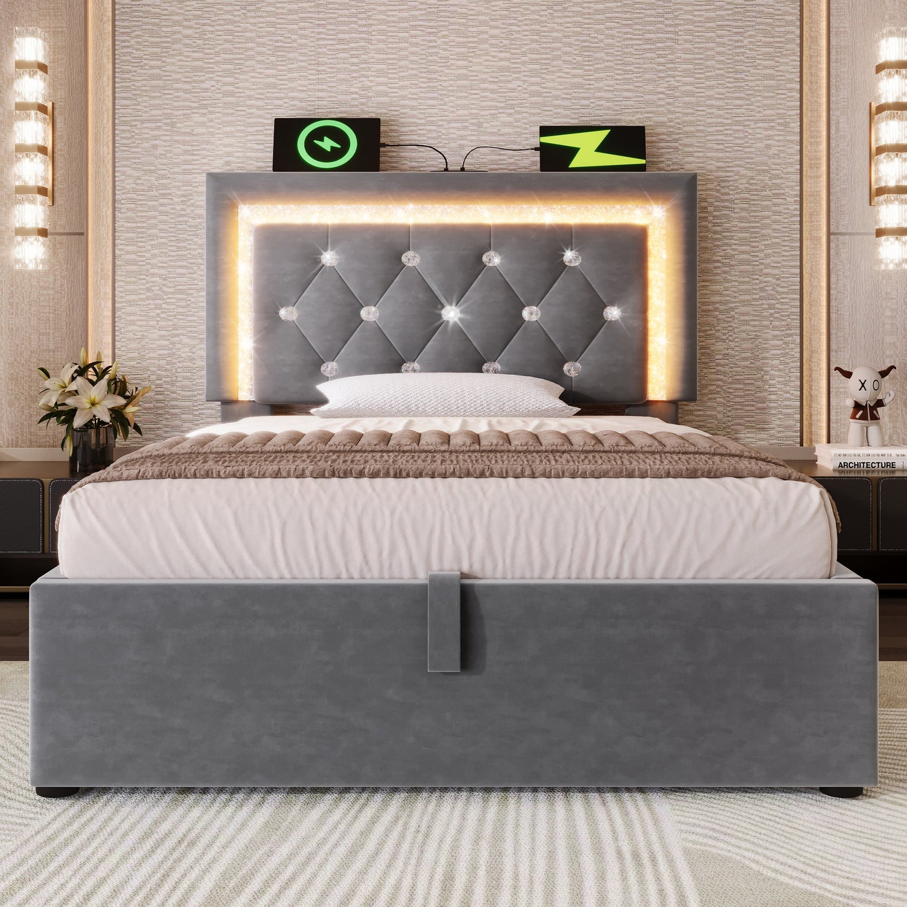 Upholstered Single Bed 90x200cm Hydraulic Storage LED USB Velvet Grey