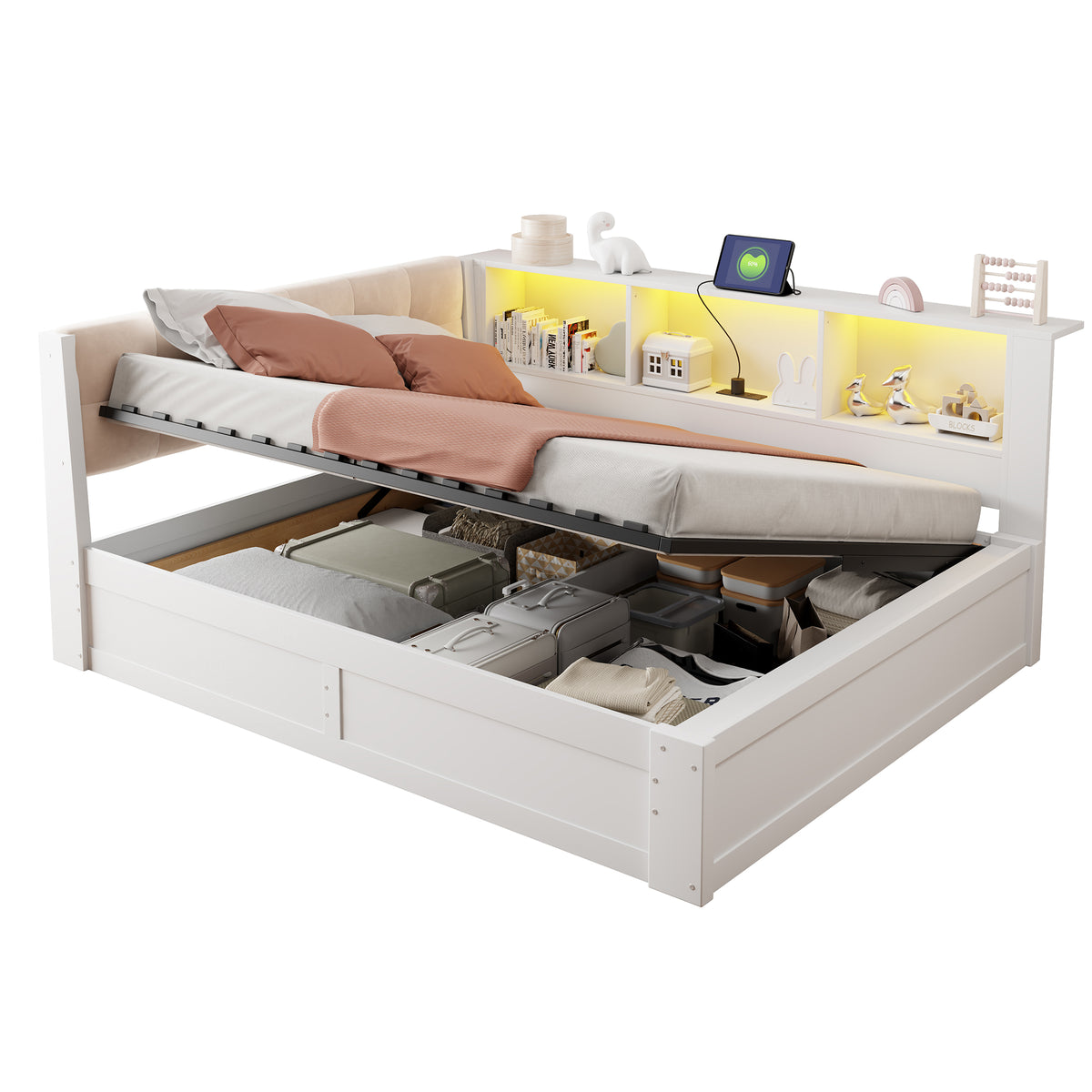 Daybed Frame 140x200cm with LED & Storage, White Pine Wood