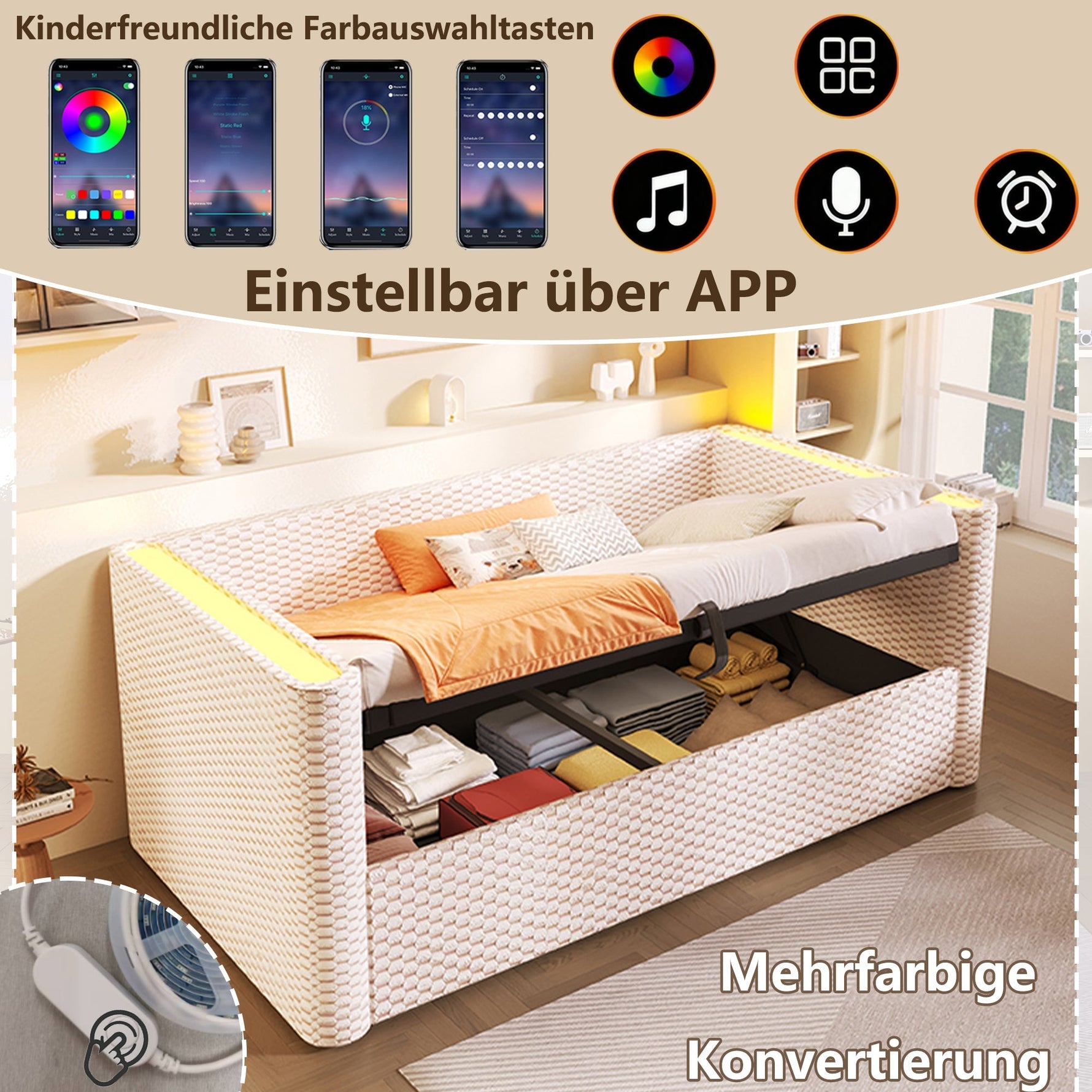 Daybed Sofa Bed 90x200cm Hydraulic Storage LED Lighting Velvet Beige