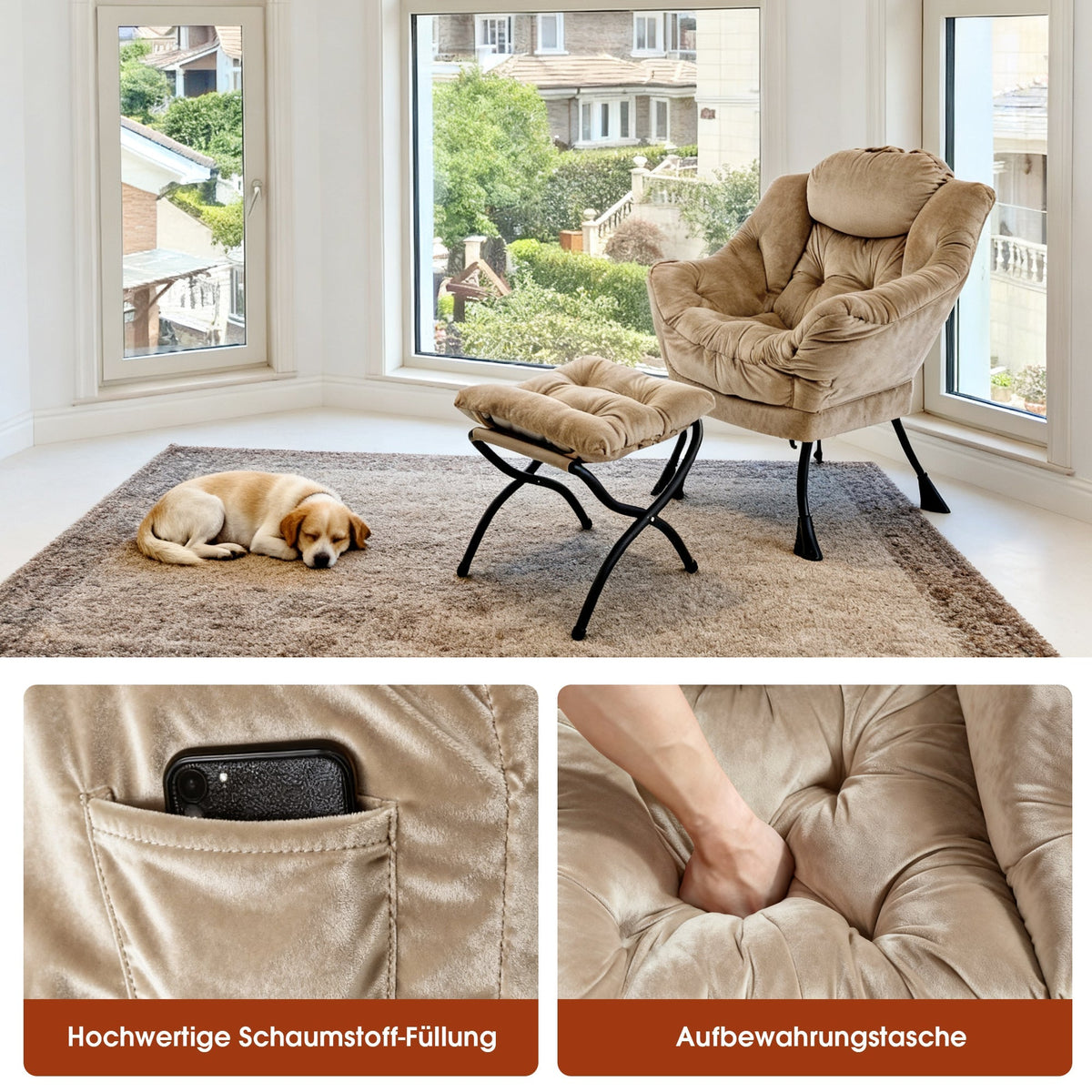 Recliner Armchair with Footstool & Side Pocket - Khaki