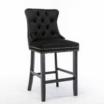 Contemporary Barstools, Button Tufted Wooden Legs Set of 2, Velvet Black