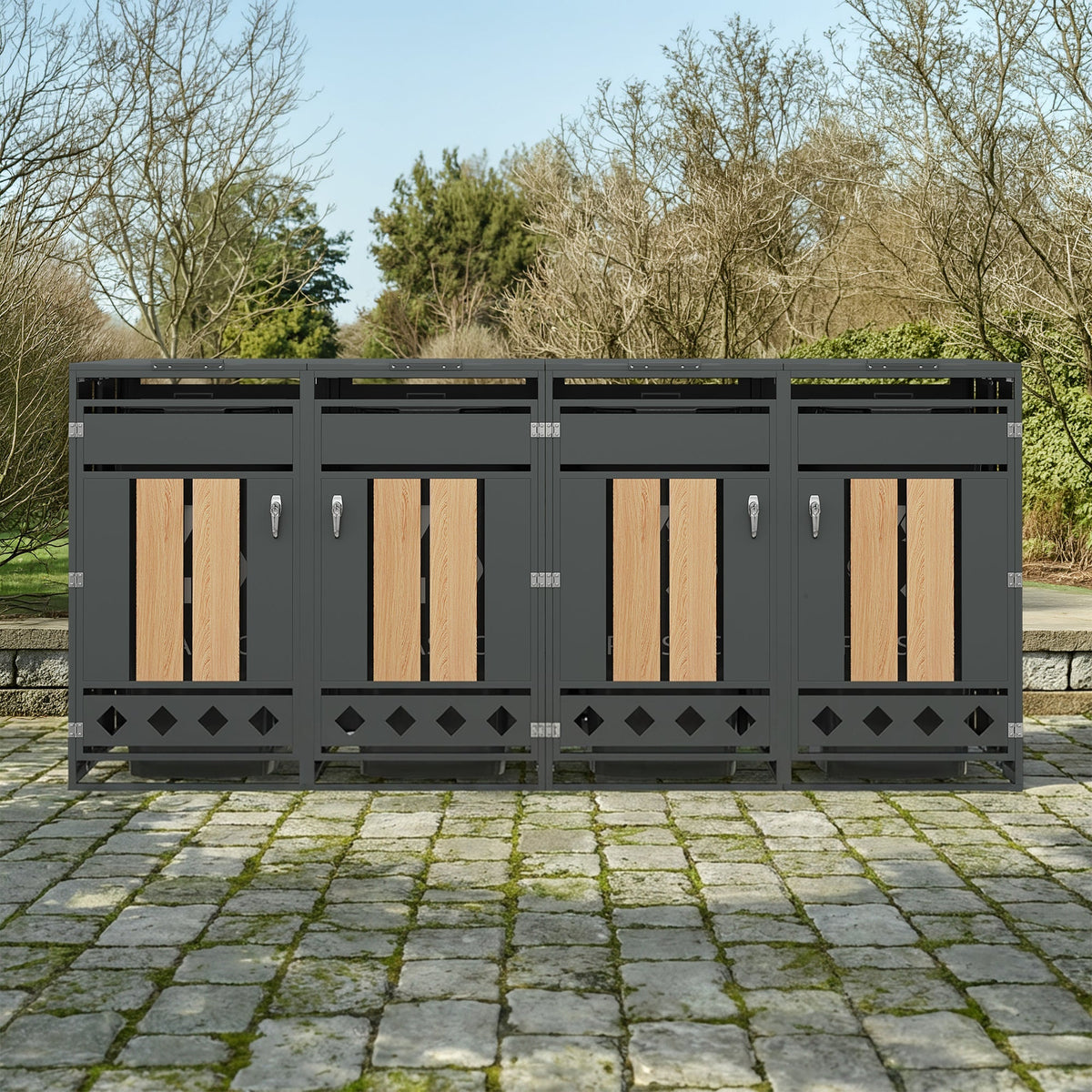Bin Storage Unit with Hinged Lid, Lockable and 4 Doors, Wood Grain
