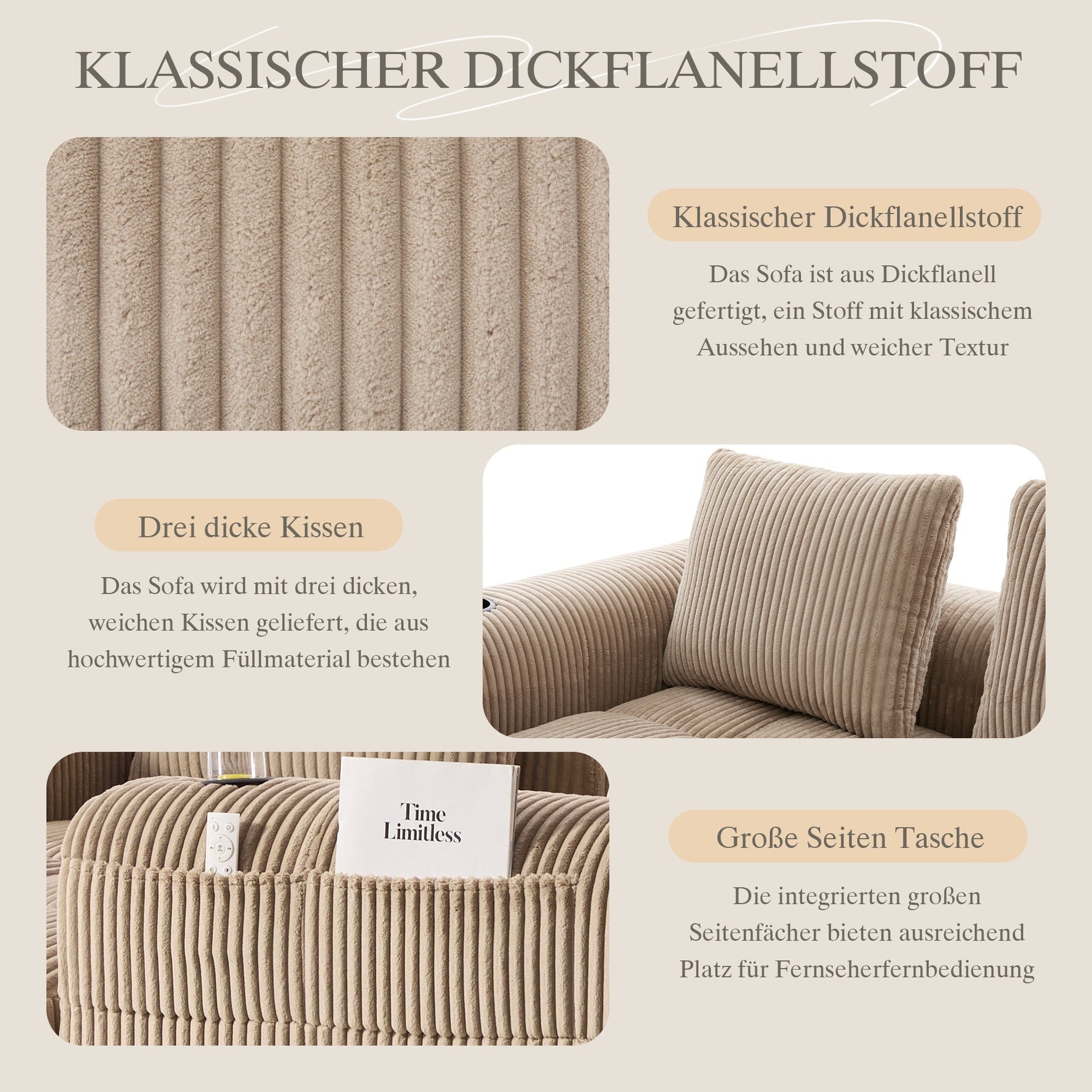 Compact Sofa Modular Side Pocket Cup Holder 3 Cushions - Corduroy Khaki