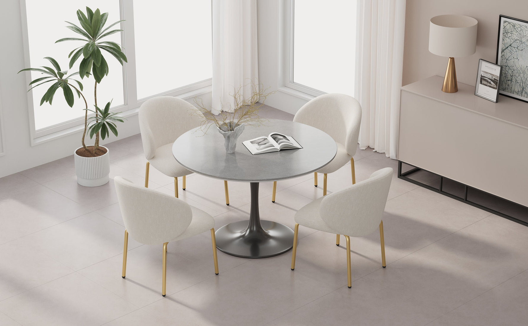Dining Chairs Set of 4 with Gold Legs, Beige Chenille