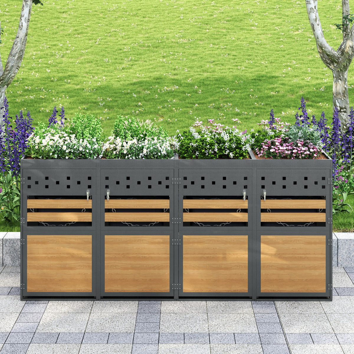 Garbage Can Storage Box, 4-Person with Planting Roof, 120-240L, Anthracite Wood-Look