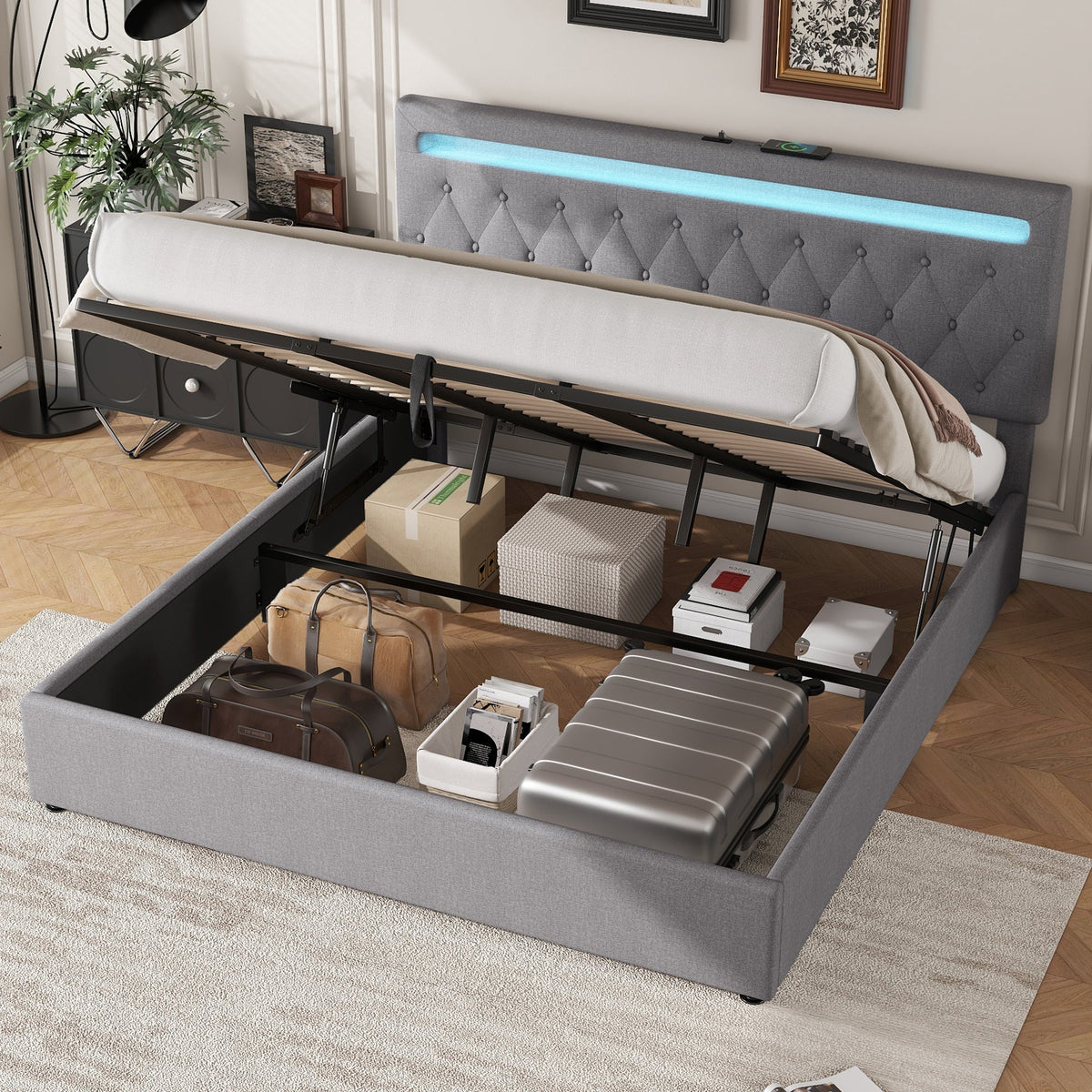 Upholstered Bed 180x200cm Hydraulic Lift Ambient Light USB - Grey