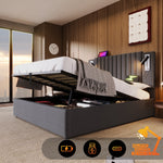 Upholstered Bed 160x200, Double Bed with Storage, Reading Light, Rivet Headboard, Gray Cotton