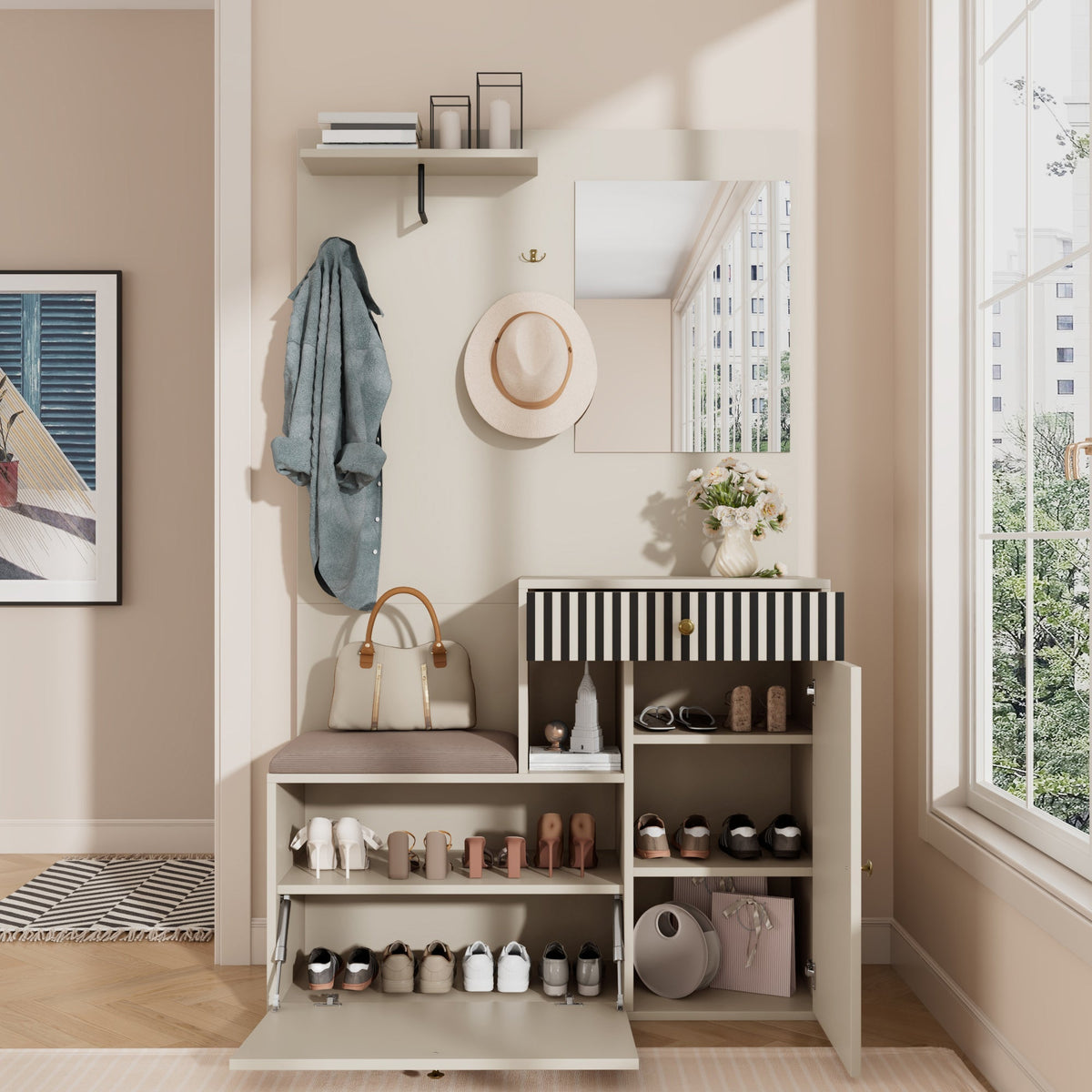 Wardrobe Set, Hallway with Mirror & Cushions, Shoe Cabinet, 110 x 185.5 x 37 cm, Compact
