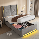 Storage Bed 90x200cm with LED, USB & Hydraulic Storage, Velour