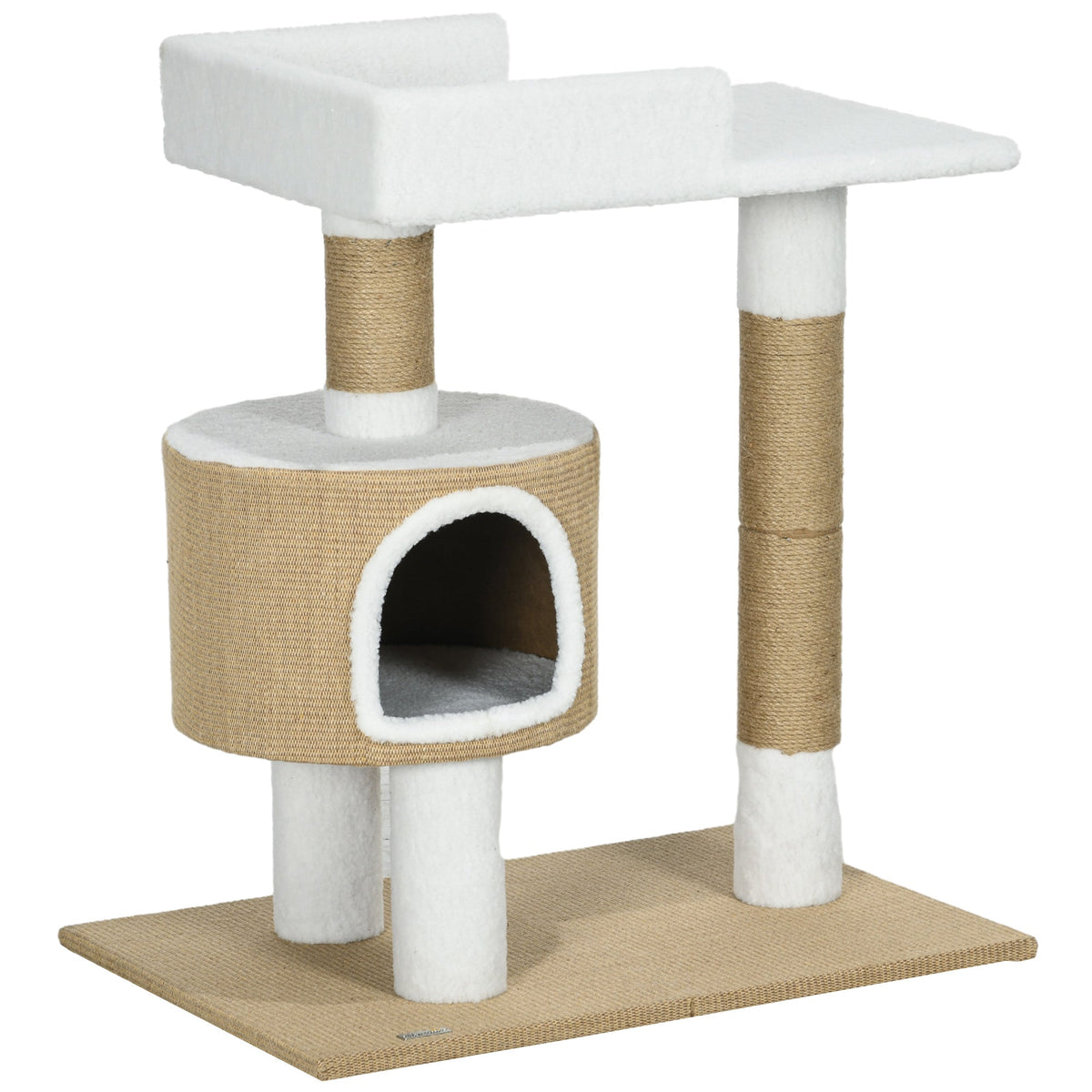 Cat Tree 79cm Small, with Cat Cave & Lying Area, Jute Brown/White