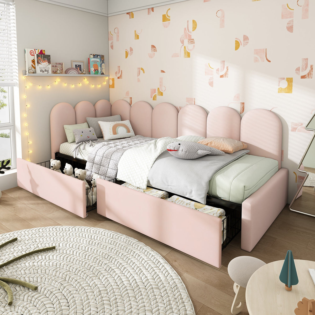 Upholstered Bed, Single with Drawers & Slatted Frame, Velvet Pink