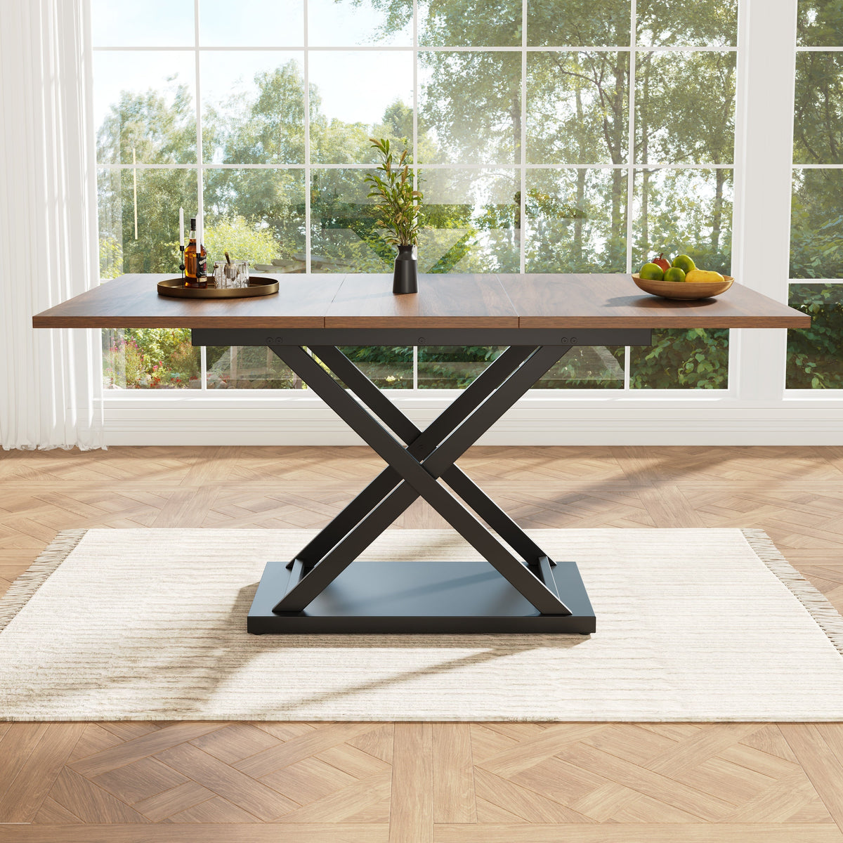 Telescopic Dining Table Extendable 120-160cm Crossed Iron Legs - Walnut