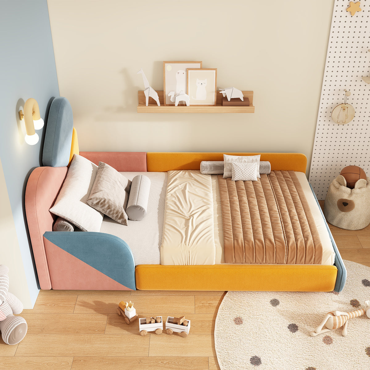 Children's Upholstered Bed 90x200cm with Fall Protection, Multicolour