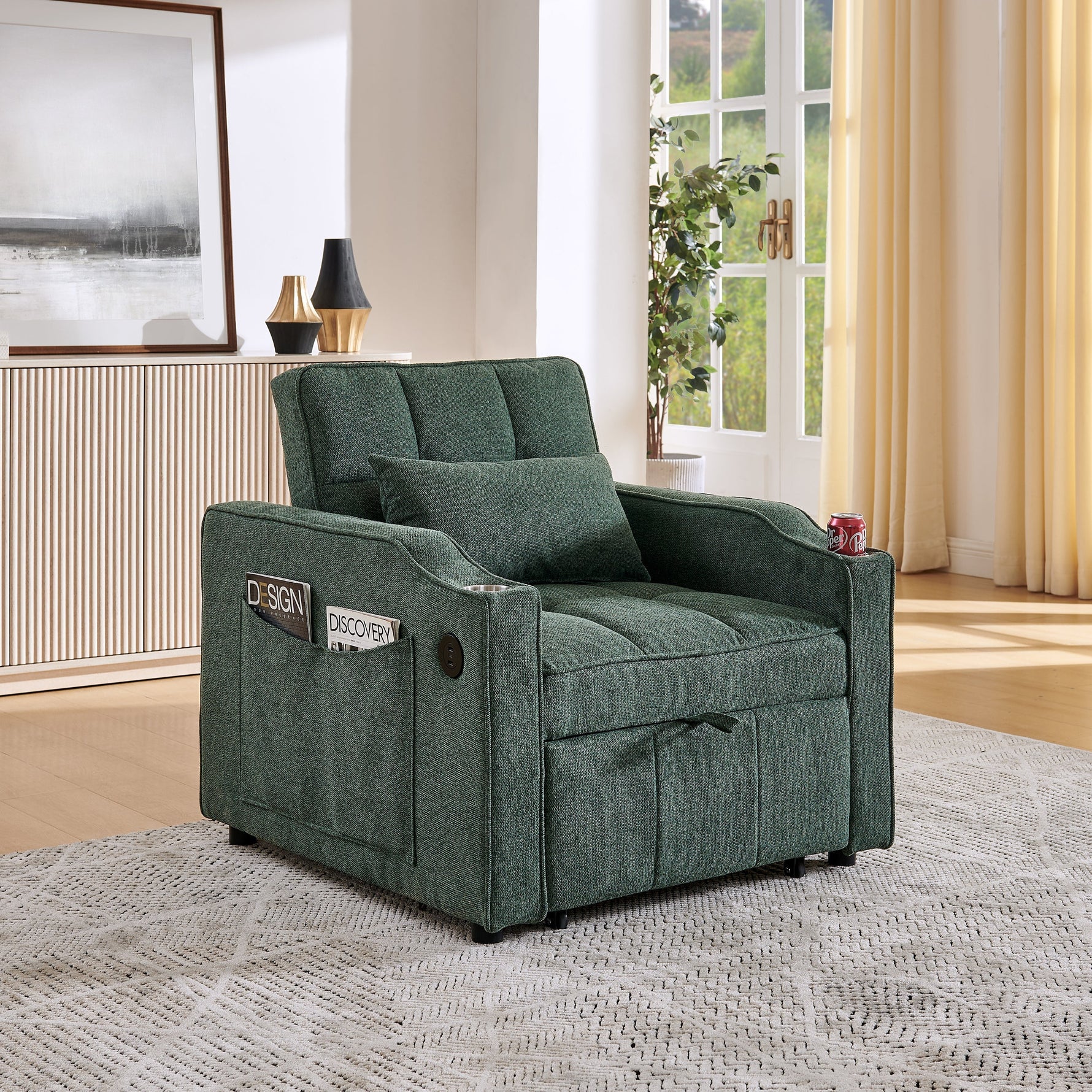 3-in-1 Light Luxury Sofa Bed with Slide-to-Transform Design and USB Charging, Green