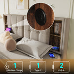 Double Bed, Wireless Charging USB C, Storage, 140x200cm, Wood-Natural Linen