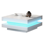 Modern Square Coffee Table with Rotating Top and LED Light, High-Gloss White