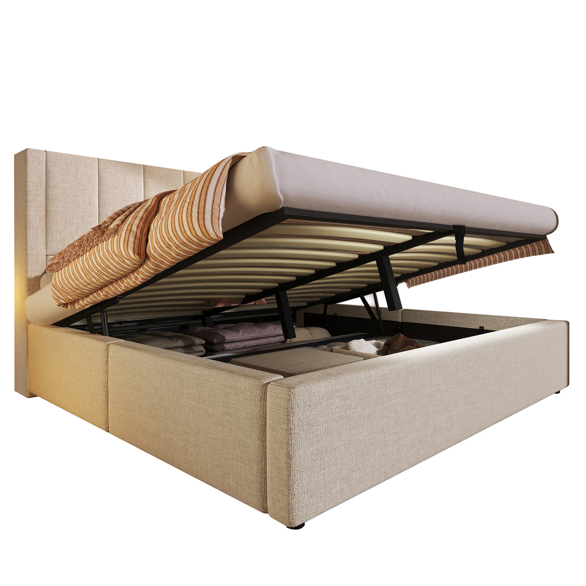 Upholstered Double Bed 180x200cm Hydraulic Storage, Linen Beige