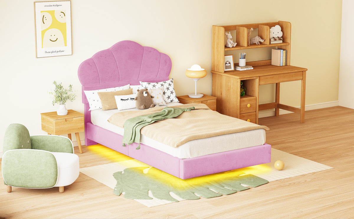 Upholstered Bed 90x200cm, Cloud Headboard & LED, Pink Velvet