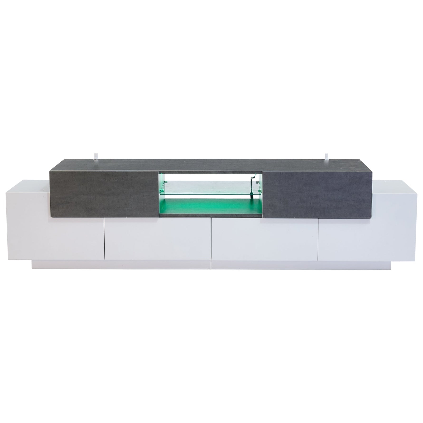 LED TV Cabinet, Entertainment Center with Glass Shelves, White+Gray