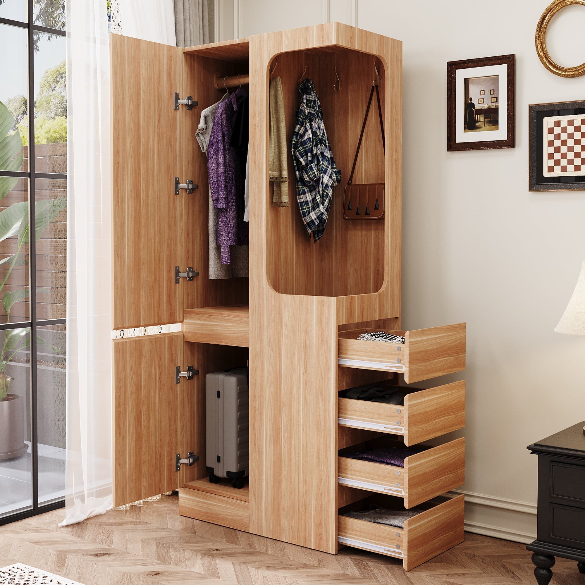 Wardrobe 70x40x170cm Drawers Single Door Open Storage - Wood Color