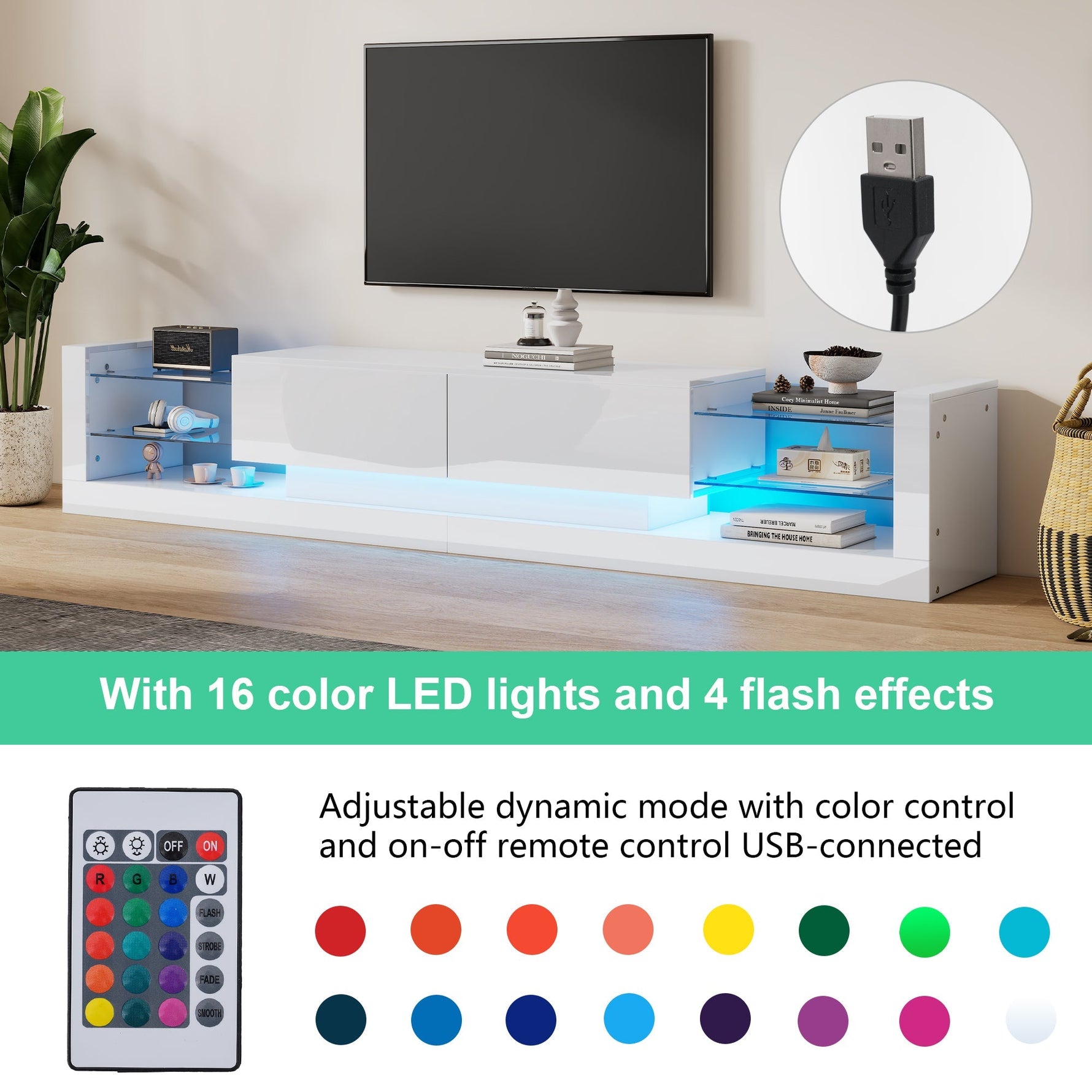 High-Gloss TV Cabinet, 181cm LED Lit, 80-inch Capacity with Glass Front and Two Folding Drawers
