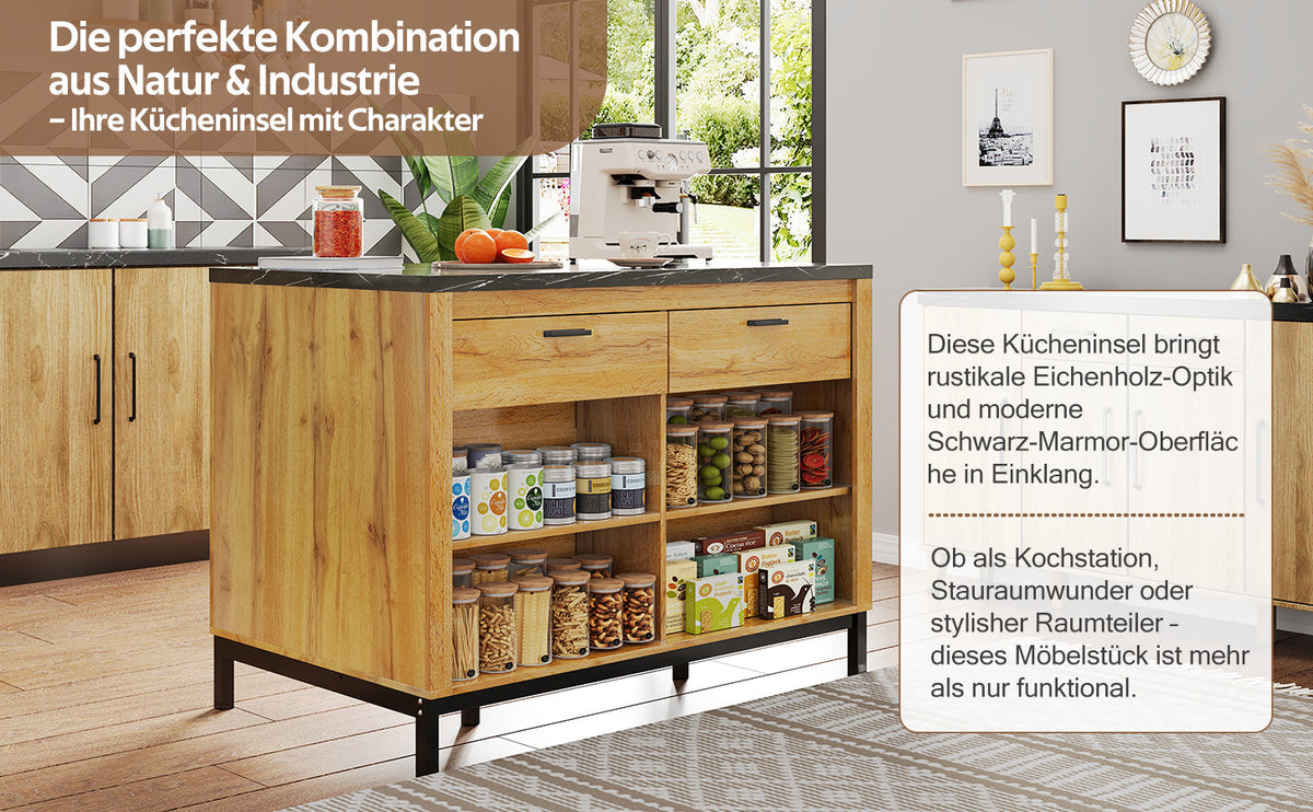 Kitchen Island Country Style 2 Drawers 4 Shelves Bar Area - Oak Wood/Black Marble