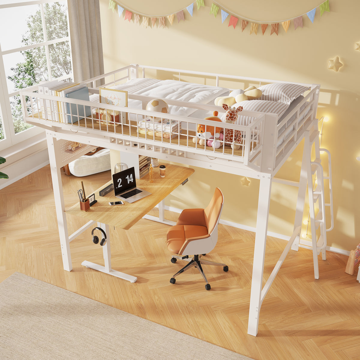 Loft Bed 140x200cm with Storage Compartments, Metal Frame, White