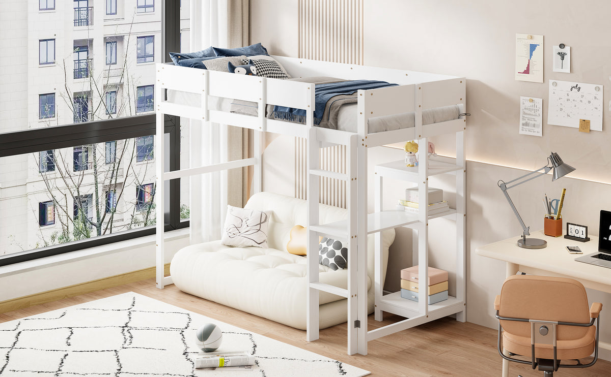 Loft Bed with Storage 90x200cm Solid Pine Wood White