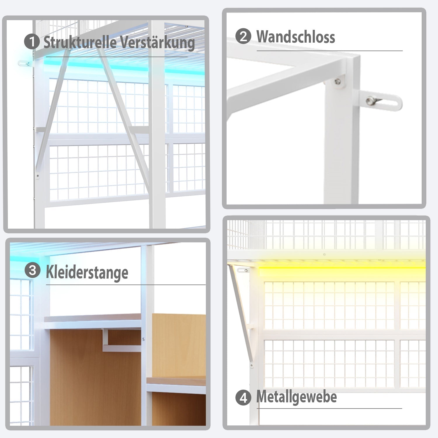 Loft Bed, 140x200 with LED Light Strips & Storage Stairs, Metal White