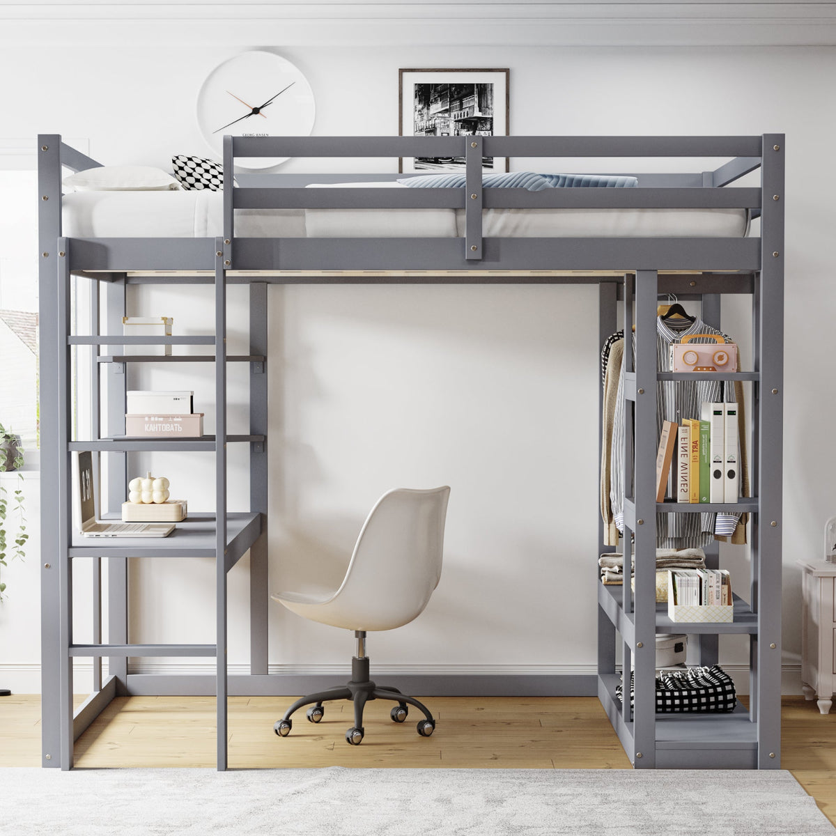 Loft Bed with Ladder, Table & Shelves, 140x200 cm, Solid Wood Grey