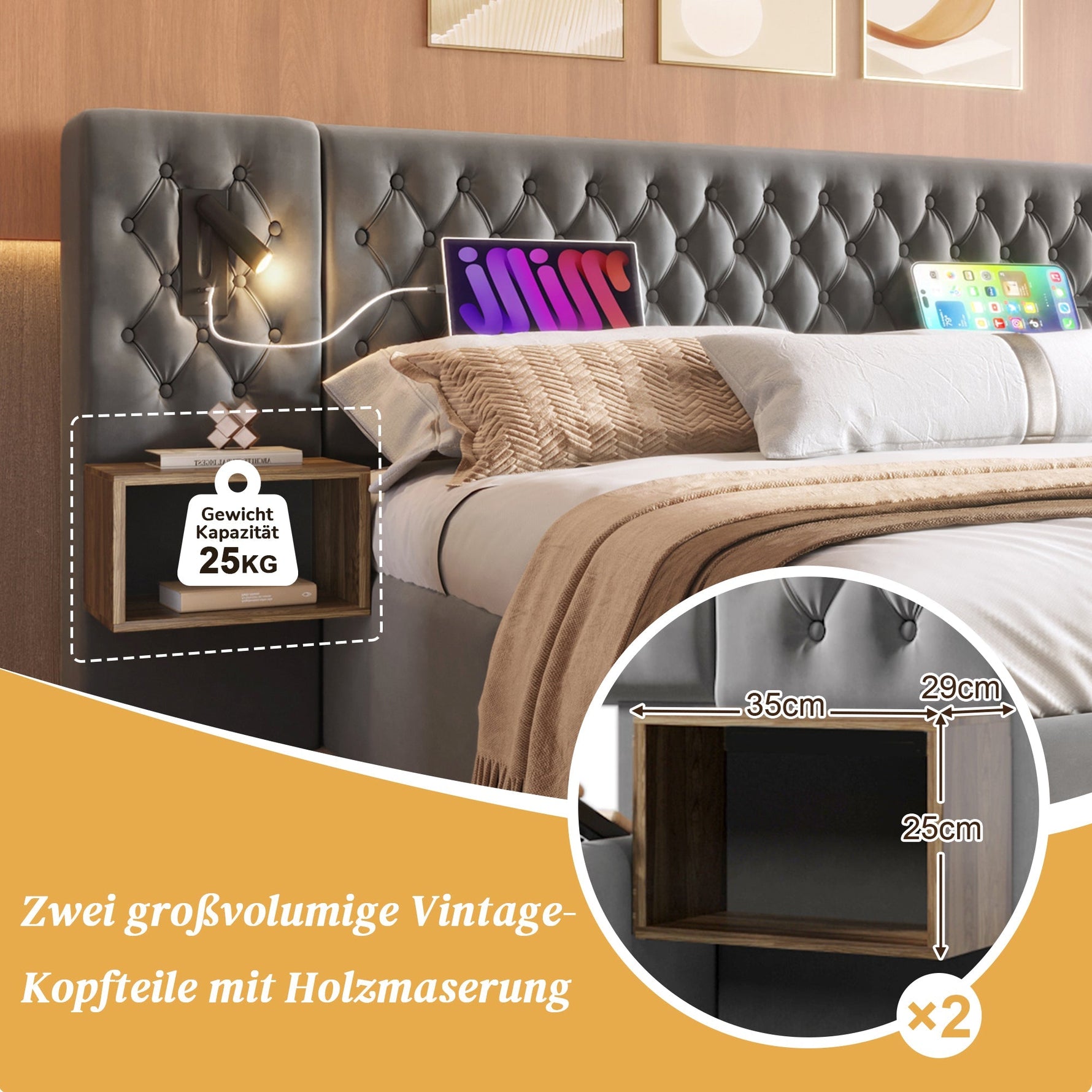 Bedroom Set, Upholstered Hydraulic Storage Double Bed 160x200cm with 2 Bedside Tables, Headboard Reading Light & USB, Gray Velvet