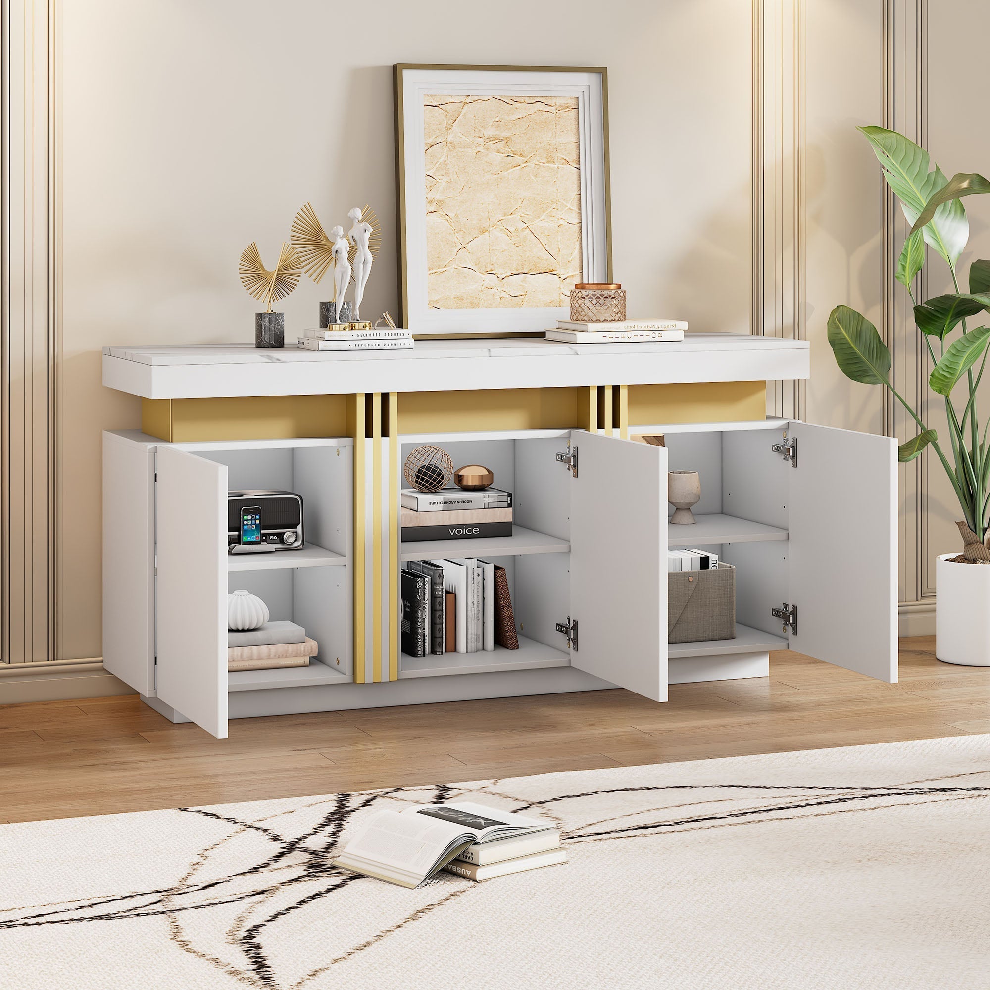 Sideboard Display, 3-Door Dining Room Cabinet with Adjustable Dividers, Modern White