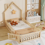 Children's House Bed 90x200 cm Chimney Shape, Natural Pine Wood